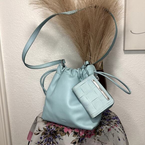 Fossil Blue Leather Gigi Drawstring Crossbody and Matching Wallet ZB1526 - Picture 1 of 13